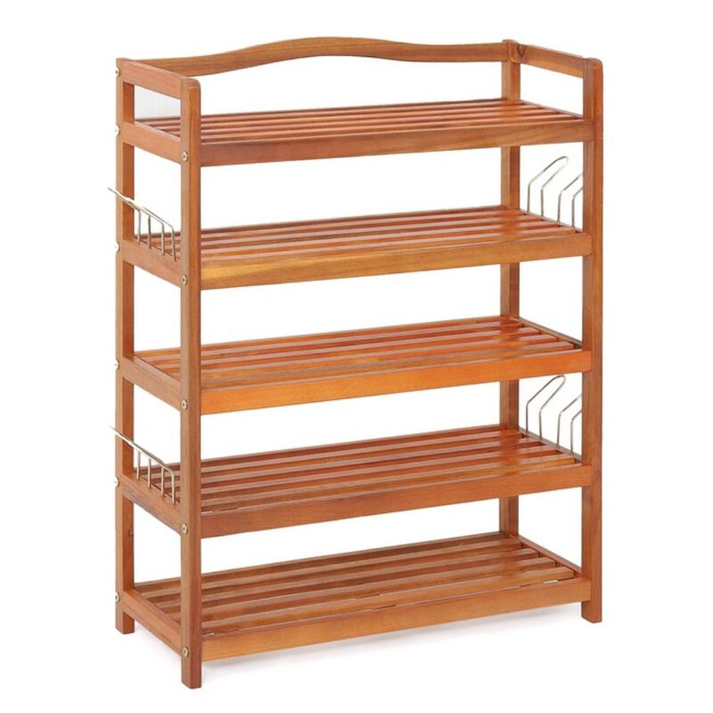 3-Tier Acacia Wood Shoe Rack with Side Metal Hooks for Easy Storage