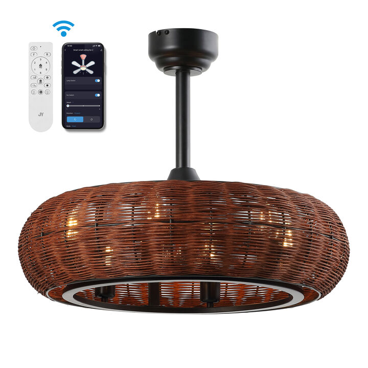 Cassidy 6-Light Modern Bohemian 6-Speed Metal Rattan Mobile-App Remote-Controlled Height-Adjustable Lantern LED Ceiling Fan