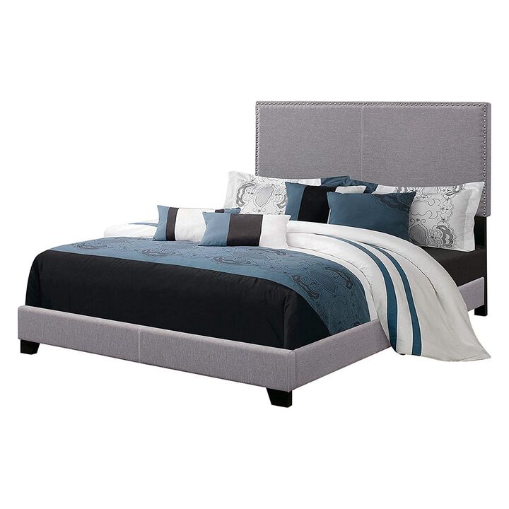 Fabric Upholstered Queen Size Platform Bed with Nail Head Trim, Gray-Benzara