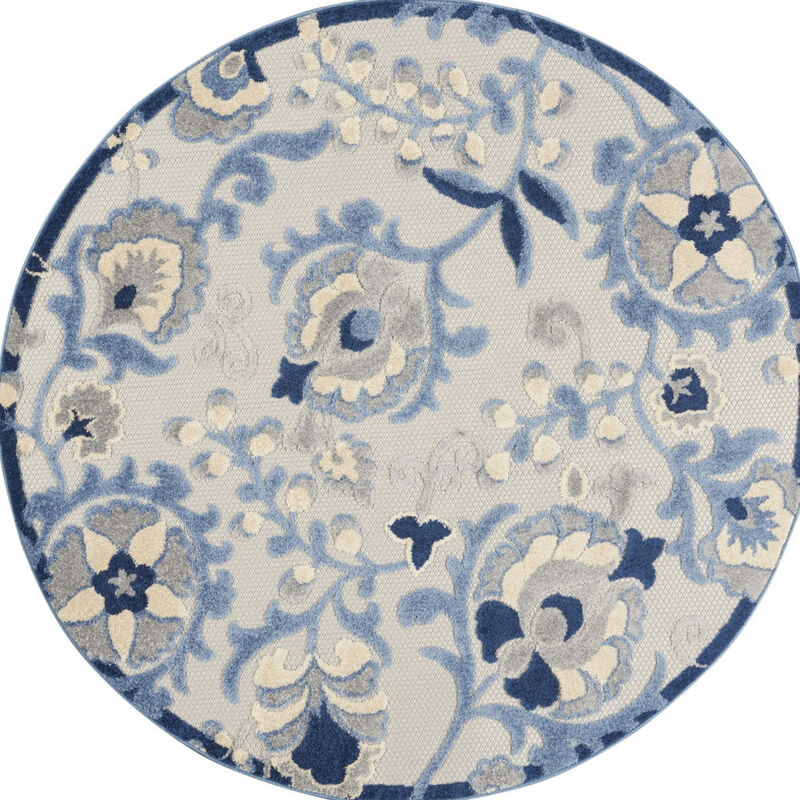 HomeRoots 5' Blue And Gray Round Floral Indoor Outdoor Area Rug image number 0