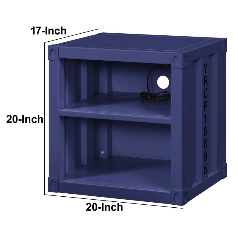 Metal Nightstand with 2 Open Compartment and USB Port, Blue-Benzara