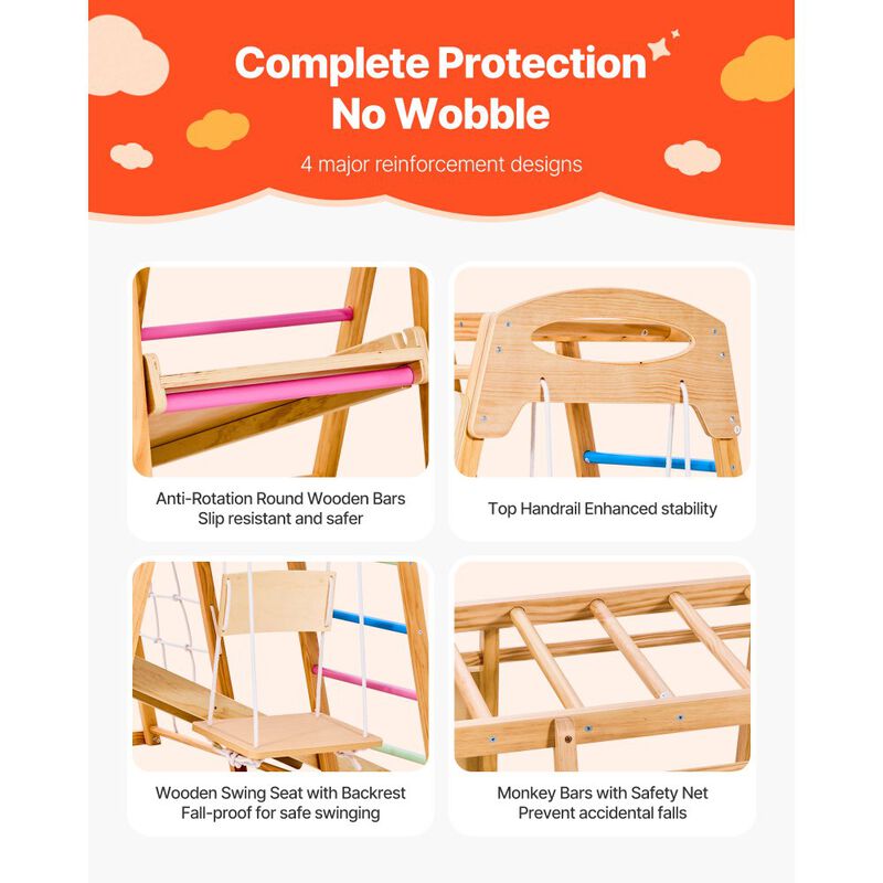 9 in 1 Wooden Indoor Playground Kids Climbing Gym with Slide Swing image number 5