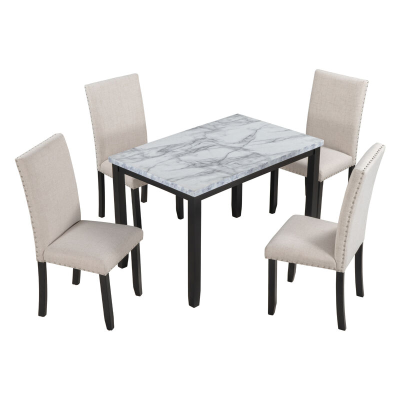 Faux Marble 5-Piece Dining Set Table with 4 Thicken Cushion Dining Chairs Home Furniture