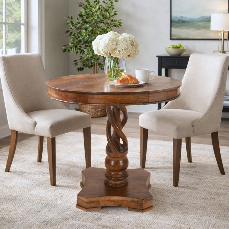30 Inch Handcrafted Round Mango Wood Dinette, Artisanal Twisted Pedestal Base, Walnut Brown image number 7