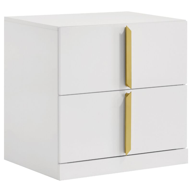 Orion Nightstand with 2 Drawers, Gold Metal Pulls, White Gloss Wood image number 2