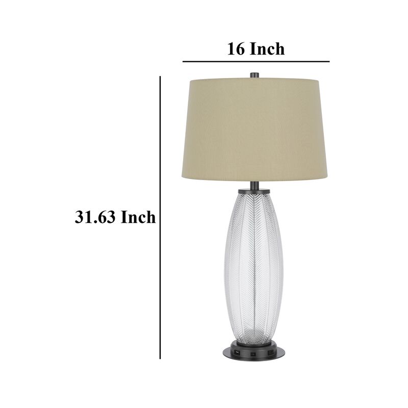 Leno 32 Inch Table Lamp, Leaf Pattern Clear Glass Base, Beige Shade - Benzara