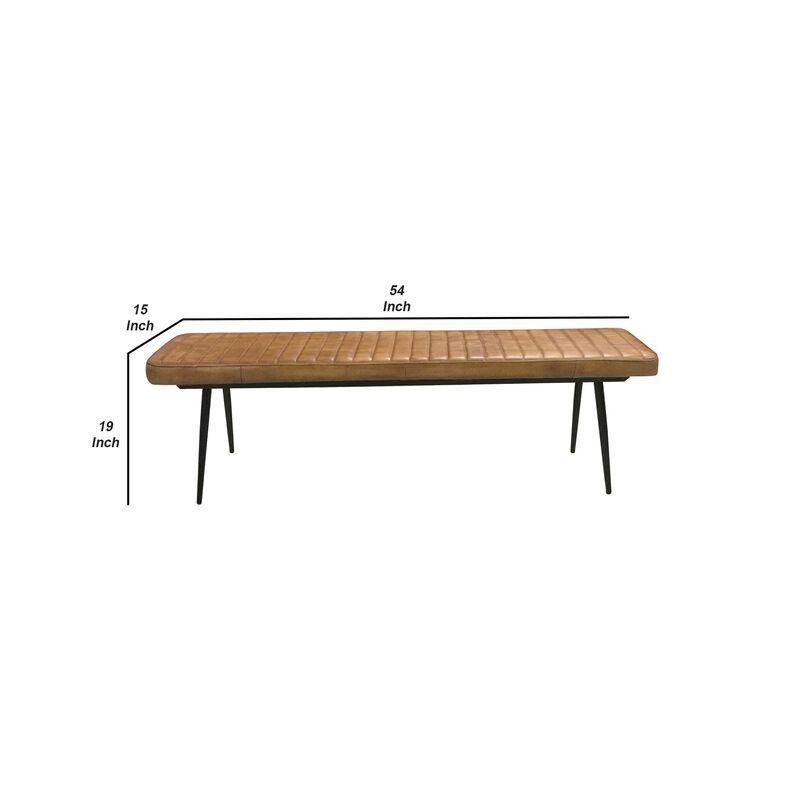 Bench with Tufted Leatherette Seat and Metal Legs, Brown-Benzara