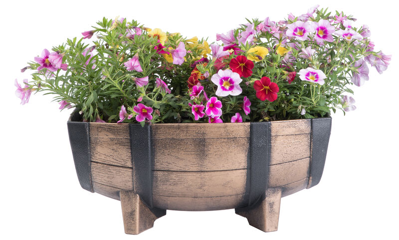 Rustic Wood- Look Plastic Half Barrel Flower Pot Garden Planter, Pack of 2