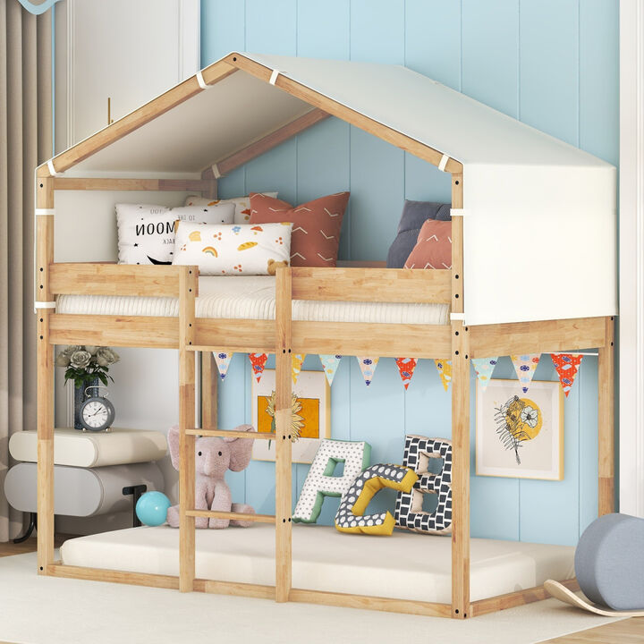 Twin Over Twin Bunk Bed Wood Bed with Tent, Natural