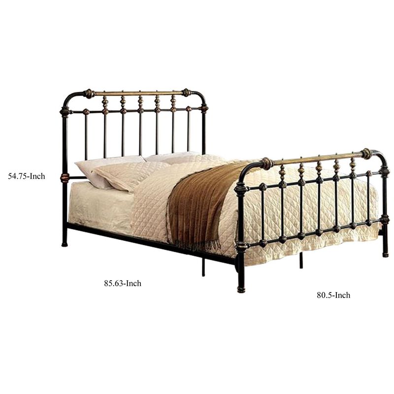 Metal Eastern King Bed with Gold Accent, Black - Benzara