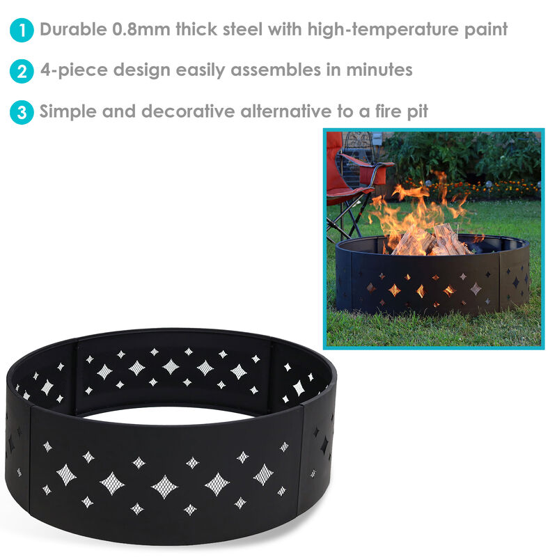 Sunnydaze 36 in Diamond Cut-Out Steel Wood Burning Fire Pit Ring with Poker