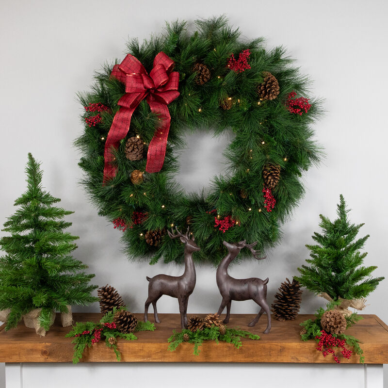 Pre-Lit White Valley Pine Artificial Christmas Wreath with Pinecones  36-Inch  Clear Lights