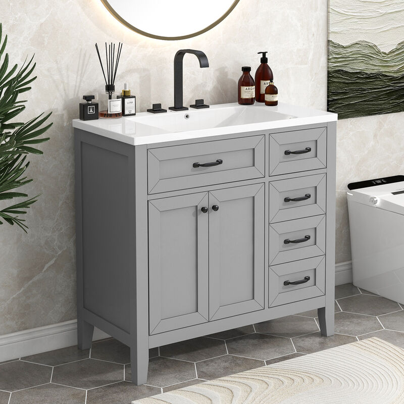 Whisen 36" Bathroom Vanity with Sink Combo, Elegent Bathroom Cabinet with Drawers - Gray
