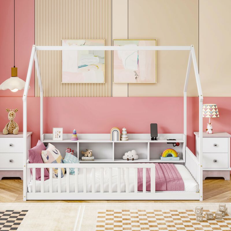 Whisen Twin Size House Floor Bed with Storage Shelves, LED Lights & Charging Station, Pine Wood Kids Platform Bed with Guardrails image number 3