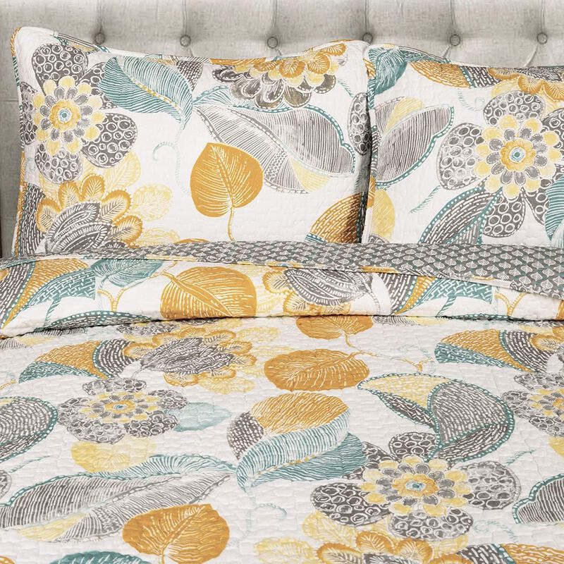 QuikFurn 3 Piece Reversible Yellow Grey Floral Cotton Quilt Set in King Size