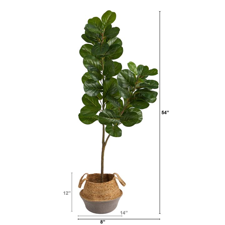 HomPlanti 4.5 Feet Fiddle Leaf Fig Artificial Tree with Boho Chic Handmade Cotton and Jute White Woven Planter