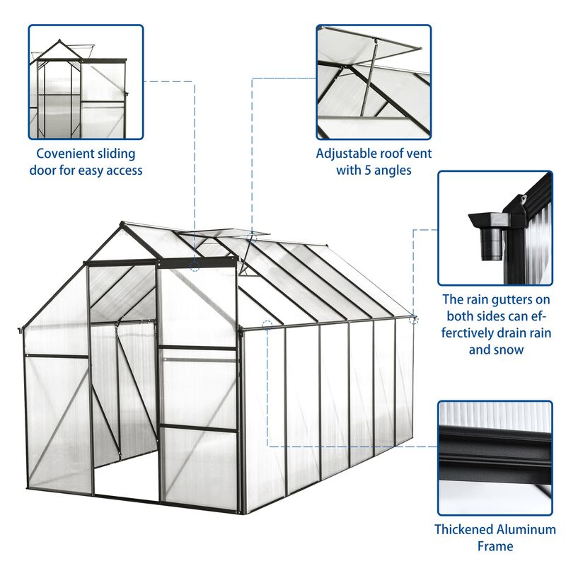 6x12 FT Polycarbonate Greenhouse Raised Base and Anchor Aluminum Heavy Duty Walk-in Greenhouses image number 4