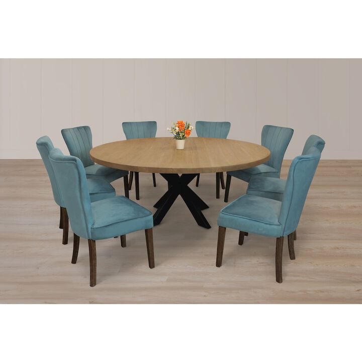 9-Piece 72 Dining Set 8 Cleo Dining Chairs in Teal Velvet Fabric Dark Brown Legs