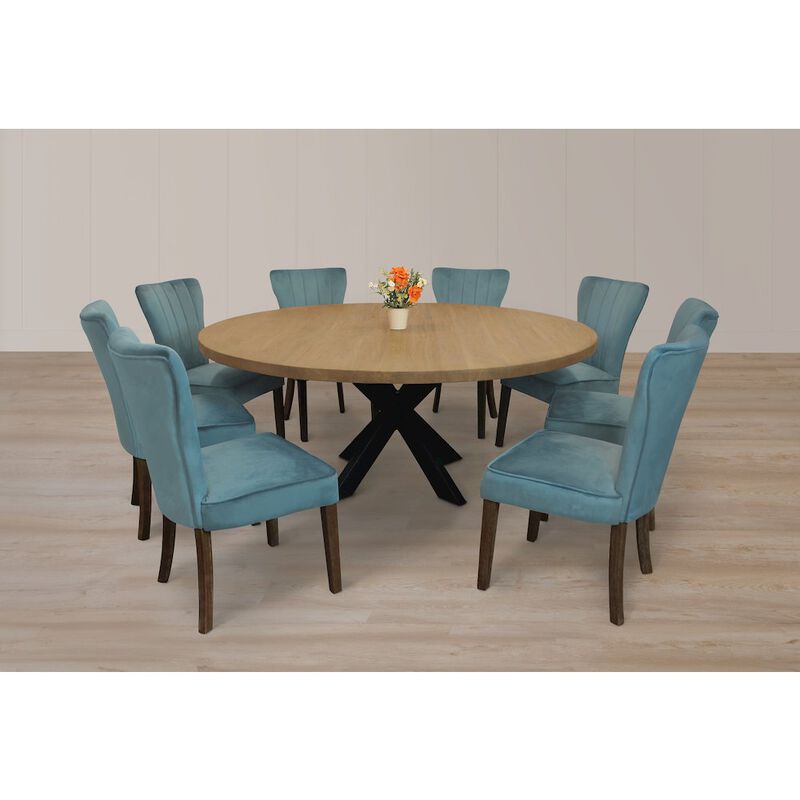 9-Piece 72 Dining Set 8 Cleo Dining Chairs in Teal Velvet Fabric Dark Brown Legs