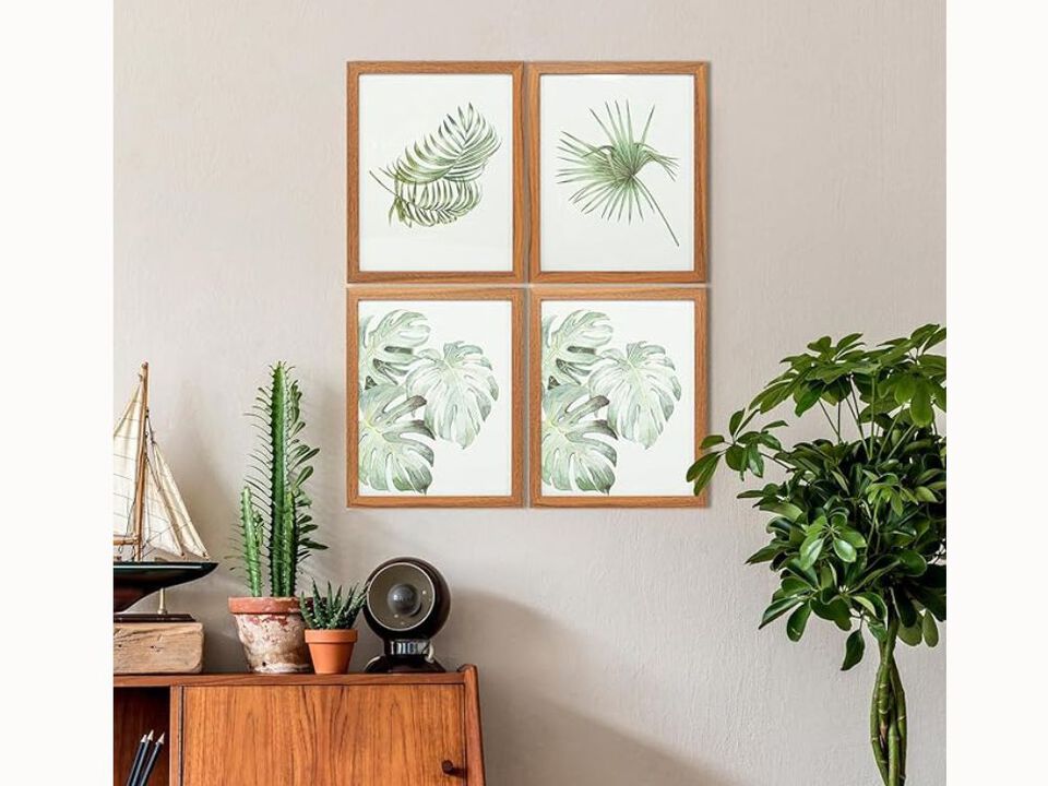 Set of 4 Framed Botanical Wall Art – Neutral Green Plant Prints for Living Room, Kitchen & Bedroom