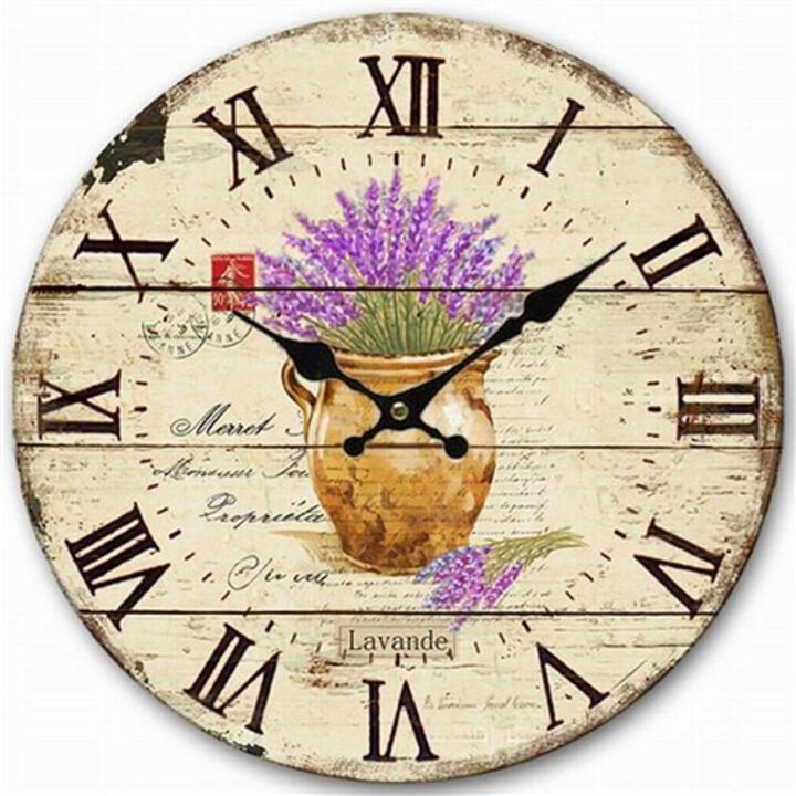 Decorative 14 inch Roman Numerals Wooden Wall Clock with French Lavender Pattern