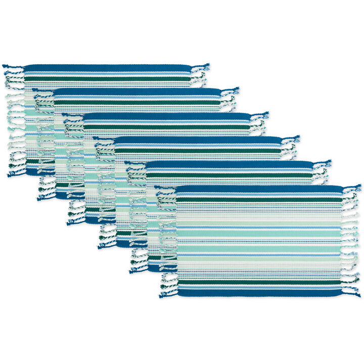 Set of 6 Blue and White Tidal Stripe Fringed Rectangular Placemats 19"