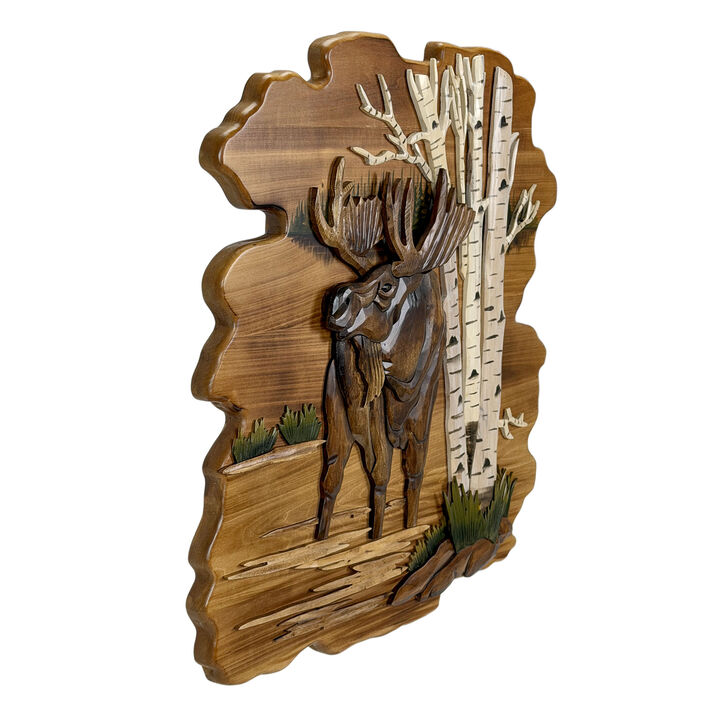 Moose in Birch Forest 23.5 inch Rustic Intarsia Wood Wall Art Sculpture