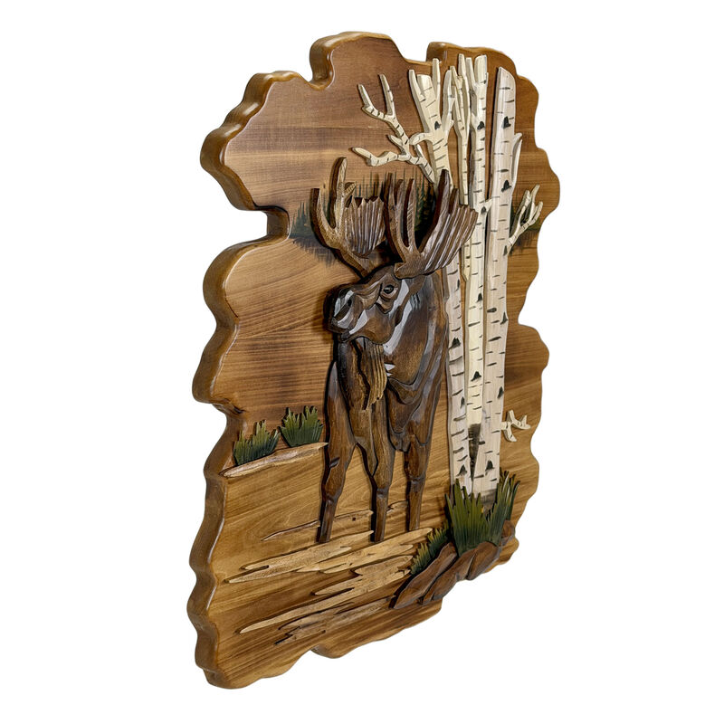 Moose in Birch Forest 23.5 inch Rustic Intarsia Wood Wall Art Sculpture image number 1