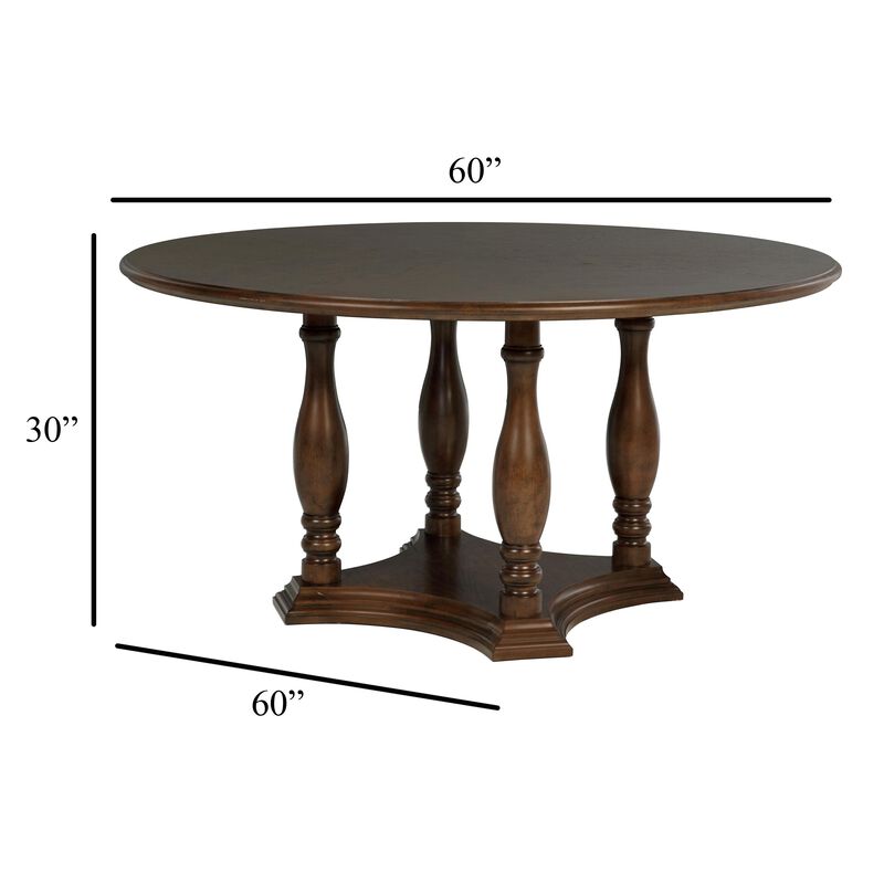 Monta Round Dining Table, Turned Legs and Shelf, Brown Wood 60 Inch - Benzara