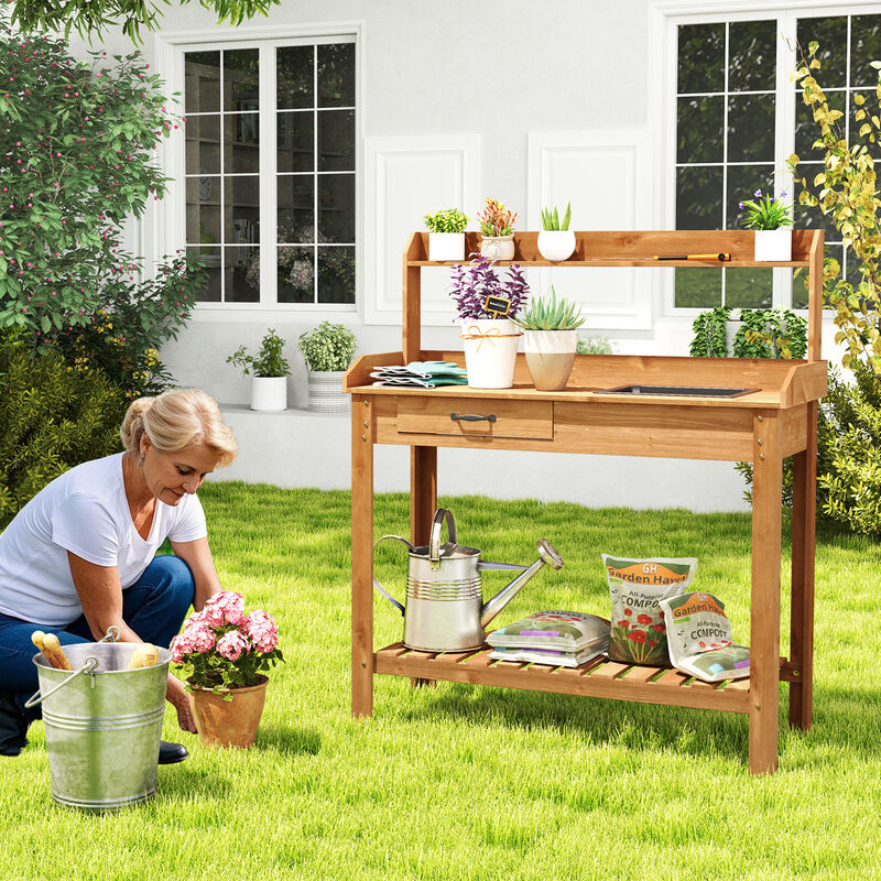 Outdoor Wooden Garden Work Table with Storage Shelves and Drawer for Potting Tasks