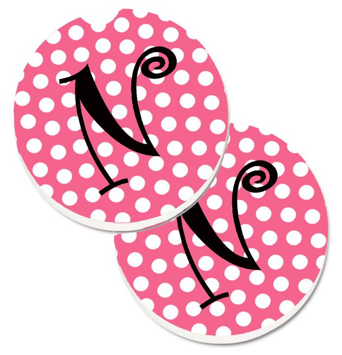 Caroline's Treasures Letter N Monogram - Pink black Polka Dots Set of 2 Cup Holder Car Coasters CJ1001-NCARC, 2.56, Multicolor