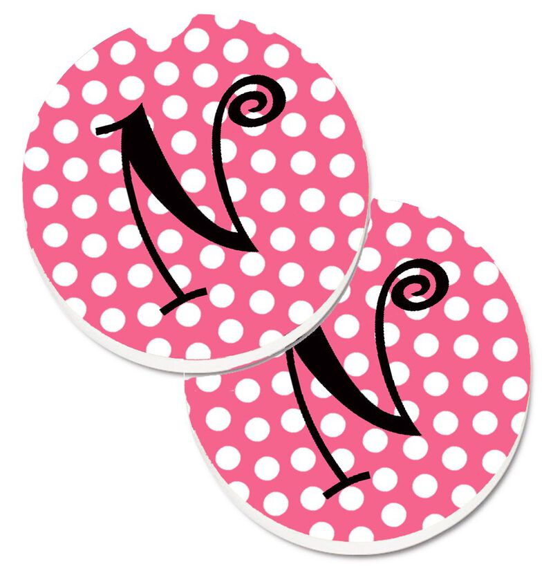 Caroline's Treasures Letter N Monogram - Pink black Polka Dots Set of 2 Cup Holder Car Coasters CJ1001-NCARC, 2.56, Multicolor