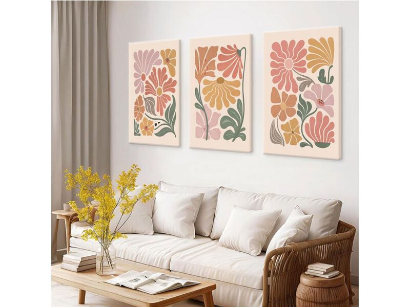 Boho Floral Canvas Wall Art 3 Piece Abstract Botanical Decor for Living Room Home image number 1