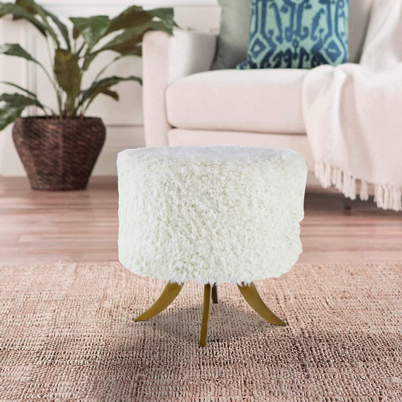 20 Inch Ottoman, Foam Filled, Shearling Fabric, Wood Frame, White, Brown - Benzara