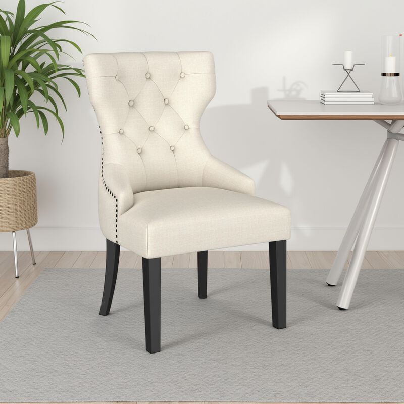 Aney Dining Side Chair, Curved Barrel Design, Beige Fabric, Black Wood - Benzara