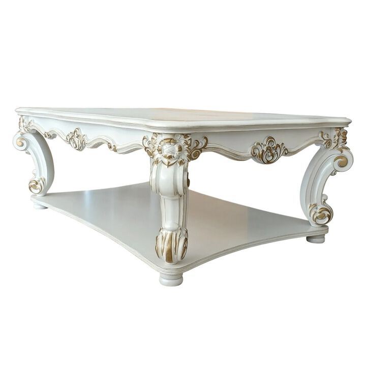 Jess 58 Inch Coffee Table, Traditional Scrolled Legs, White, Brushed Gold  - Benzara