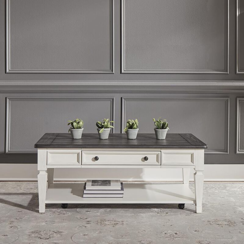 Liberty Furniture Allyson Park Rectangular Cocktail Table in Wirebrushed White w/ Charcoal Top image number 1