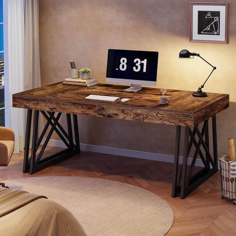 Tribesigns 63" Computer Desk, Farmhouse Office Executive Desk with X-Shaped Metal Legs, Large Home Office Desk and Writing Desk for Study Room, Rustic Industrial Wood Desk, 350 lb Capacity image number 6