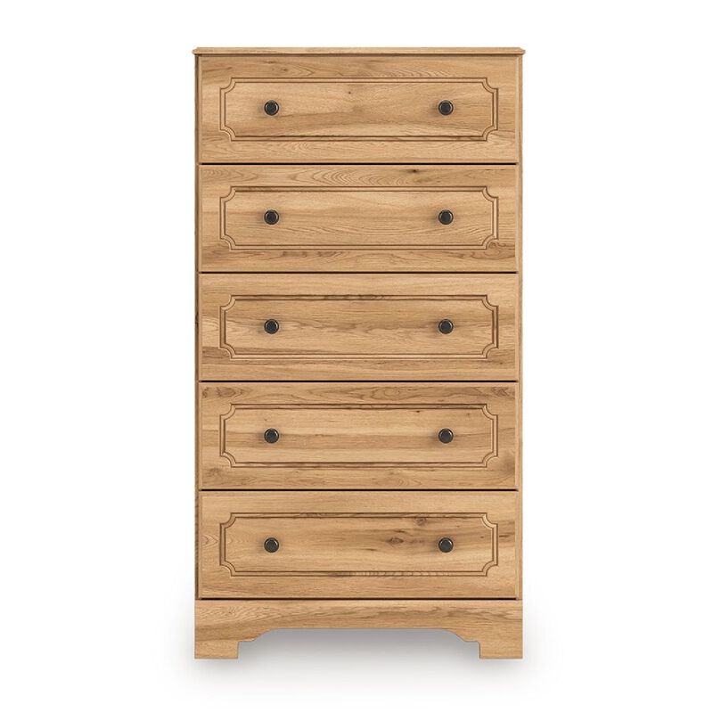Alia Tall Dresser Chest, 5 Drawers, Nickel Knobs, Natural Oak Brown image number 2