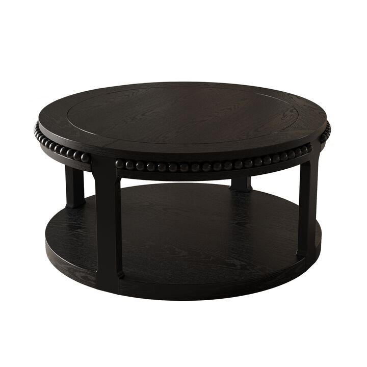 31.5" Rustic Solid Wood Round Coffee Table with 2-Tier Storage Shelf, Modern Farmhouse Accent Table for Living Room