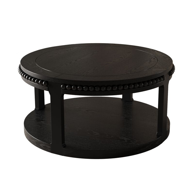 31.5" Rustic Solid Wood Round Coffee Table with 2-Tier Storage Shelf, Modern Farmhouse Accent Table for Living Room image number 0