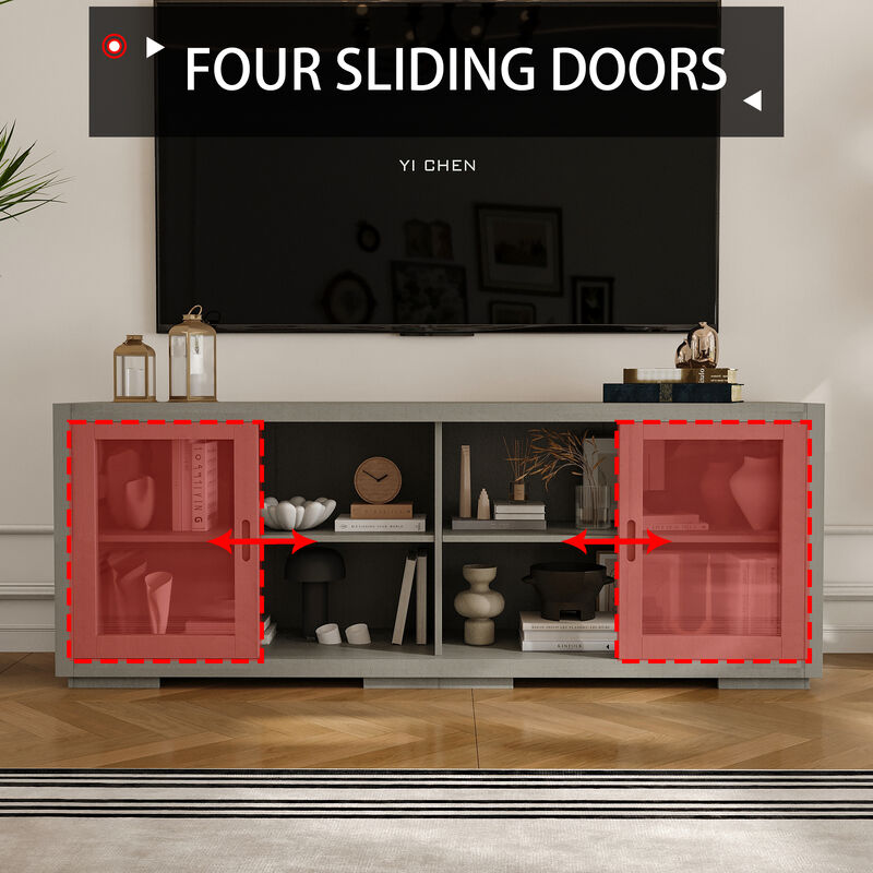 FUFU&GAGA Solid Wood Multi-layer Board TV Media Console with 4 Sliding Glass Doors, Integrated Handles, Retro Gray Finish (66.1 in. W x 15.7 in. D x 24.8 in. H)