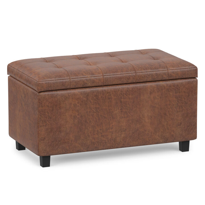 Cosmopolitan 34 inch Wide Transitional Rectangle Storage Ottoman in Distressed Saddle Brown Vegan Faux Leather, Assembled