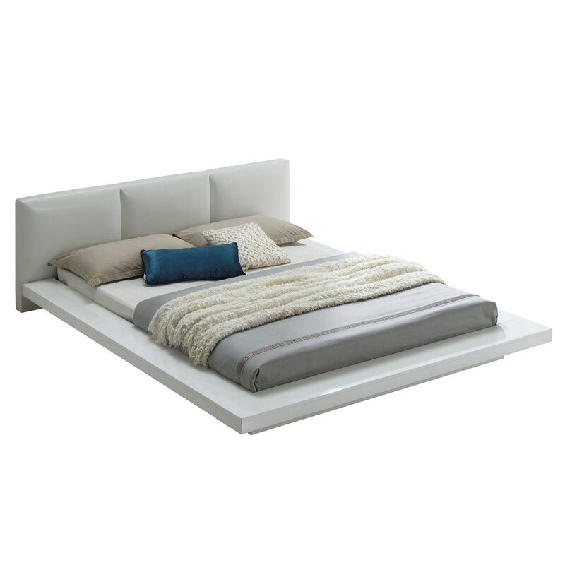 Wooden Queen Size Low Profile Bed with Padded Headboard, White-Benzara