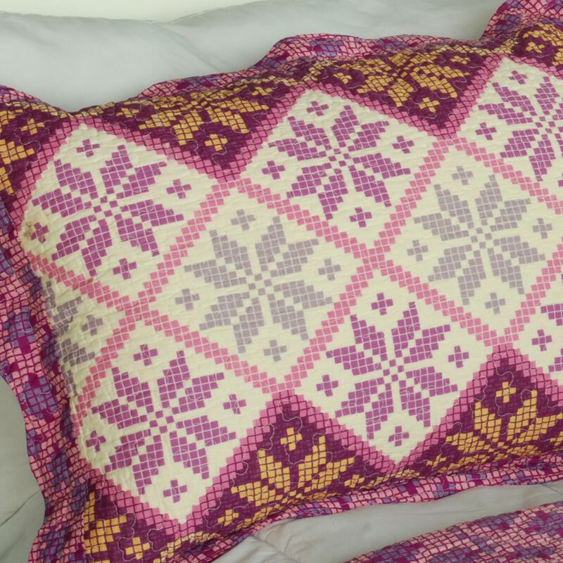 Queen Size Cotton Quilted Printed Bedding Set 3PC Vermicelli Stitch Quilt Set image number 4
