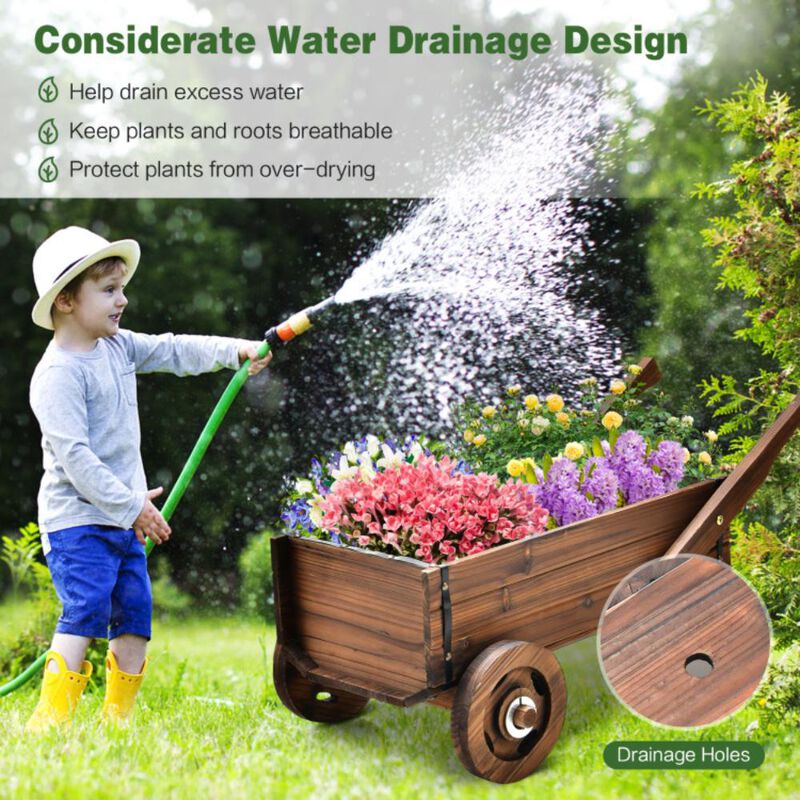 Hivvago Wooden Wagon Planter Box with Wheels Handles and Drainage Hole