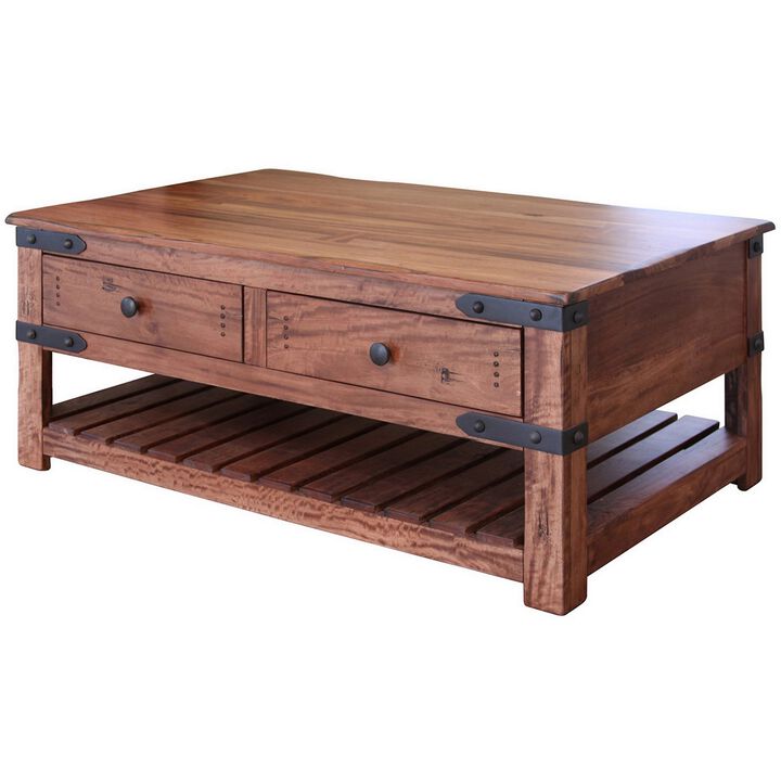 Umey 50 Inch 4 Drawer Coffee Table, Slatted Bottom Shelf, Brown Solid Wood-Benzara