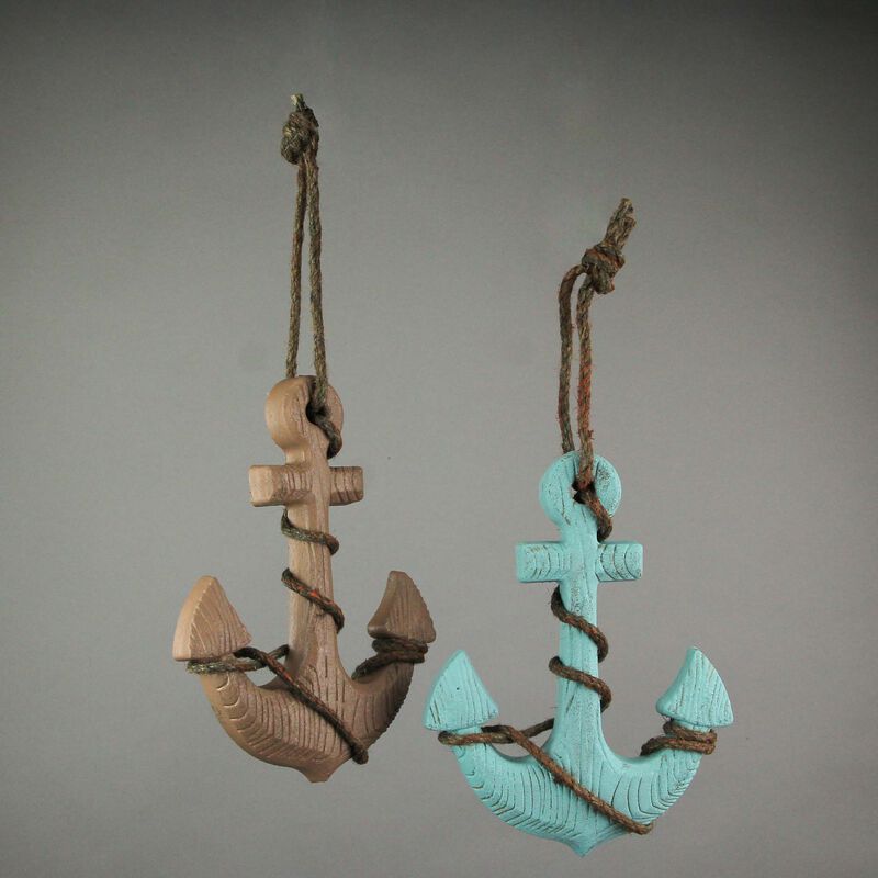 Set of 2 Wooden Ship Anchor Wall Hangings Blue and Brown 8.75 Inches High image number 3