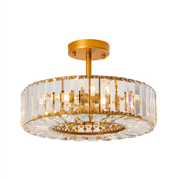 Sonia 15" 4- Light Clear Crystal Glass Round Drum Semi-Flush Mount - Low-gloss Warm Brass Finish