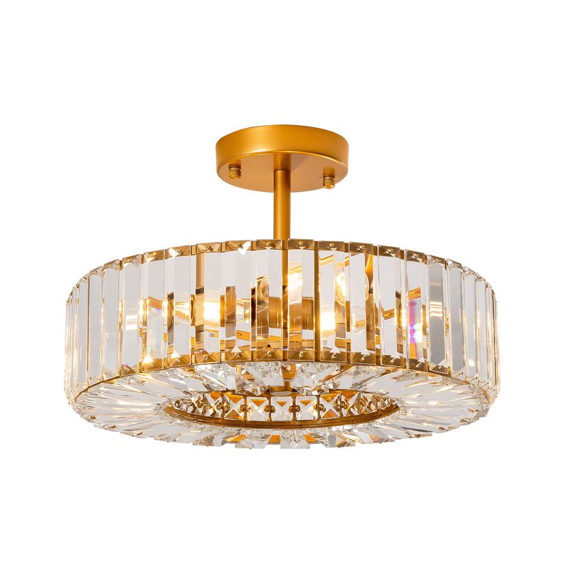 Sonia 15" 4- Light Clear Crystal Glass Round Drum Semi-Flush Mount - Low-gloss Warm Brass Finish image number 0